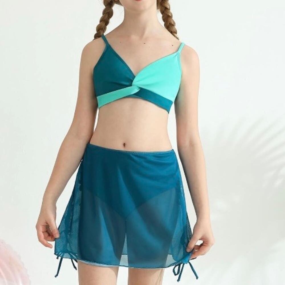 Girls Swimsuit Teal/Blue Twist Bikini Skirt Set 3pc Size 9-10Y NWT